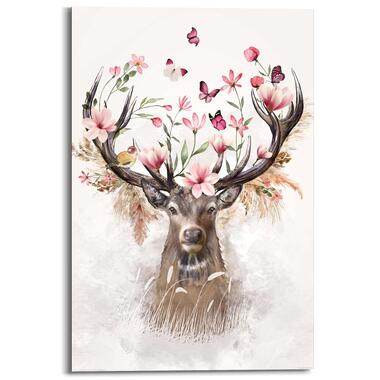 Schilderij Hert in Bloemen 90x60 cm Roze Hout product