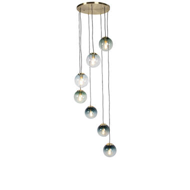 QAZQA Art deco hanglamp messing met blauw glas 7-lichts - Pallon product