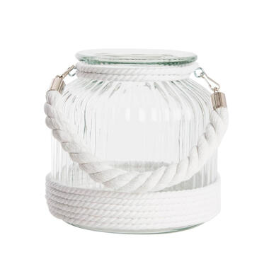 Items Windlicht kaarshouder - wit - glas - met touw - 18 cm product