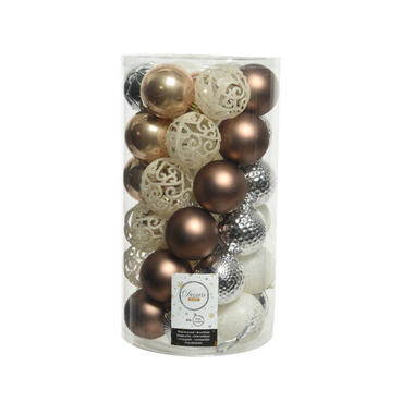 Decoris Kerstballen - 37st - kunststof - wit-zilver-bruin - 6 cm product