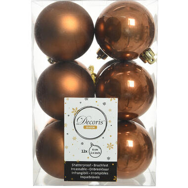 Decoris Kerstballen - 12 stuks - kunststof - kaneel bruin - 6 cm product