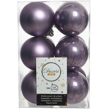 Decoris Kerstballen - 12 stuks - kunststof - lila paars - 6 cm product