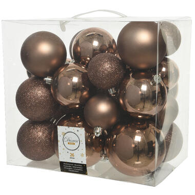 Decoris Kerstballen - 26 stuks - kunststof - walnoot bruin - 6-8-10cm product