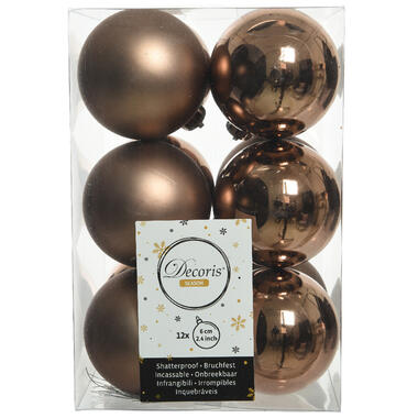 Decoris Kerstballen - 12 stuks - kunststof - walnoot bruin - 6 cm product