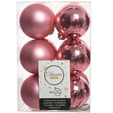 Decoris Kerstballen - 12 stuks - kunststof - roze - 6 cm product