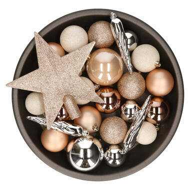 Decoris kerstballen - 34-dlg - bruin/wit/zilver - kunststof product