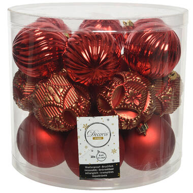 Decoris Gedecoreerde kerstballen - 20x st - rood - 8 cm - kunststof product