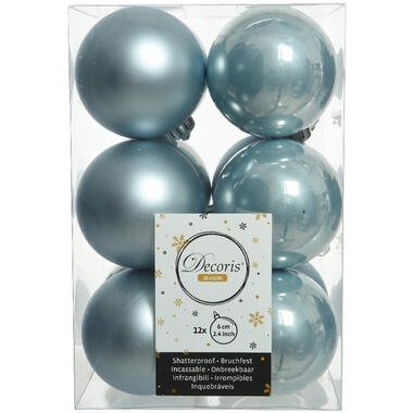 Decoris Kerstballen - 12 stuks - kunststof - lichtblauw - 6 cm product