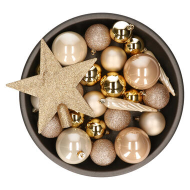 Decoris Kerstballen met piek - 33st - kunststof goud-champagne 8 cm product