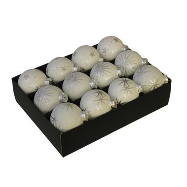 Othmara Kerstballen - 12st - glas - gedecoreerd wit - 7,5 cm product