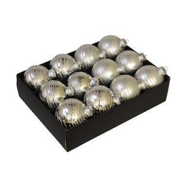 Othmara Kerstballen - 12st - glas - gedecoreerd zilver - 7,5 cm product