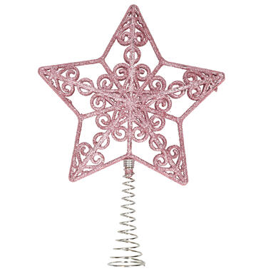 Kerstboom piek - open ster - kunststof - roze glitter - 20 cm product