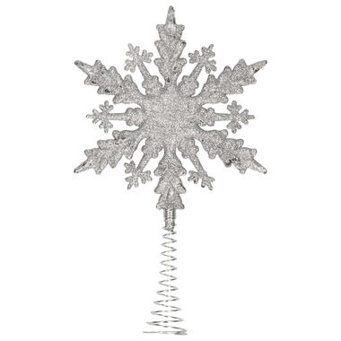 Kerstboom piek - platte sneeuwvlok - kunststof - zilver glitter - 20 cm product