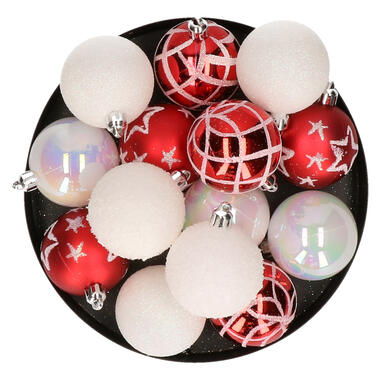 Atmosphera Kerstballen - 15st - kunststof - wit-rood - 5cm product