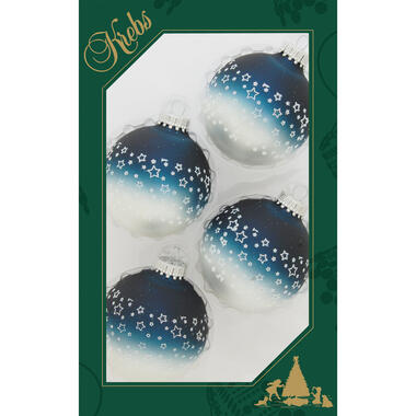 Krebs Kerstballen - 4 stuks - glazen - blauw-wit - met sterren - 7 cm product