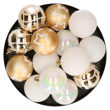 Atmosphera Kerstballen - 15st - kunststof - wit-goud - 5cm product