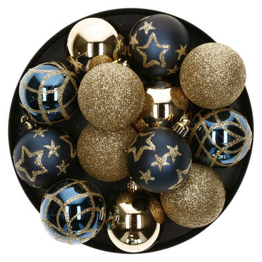 Atmosphera Kerstballen - 15st - kunststof - goud-blauw - 5 cm product