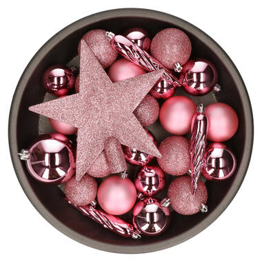 Decoris kerstballen - 34-dlg - lippenstift roze - kunststof product