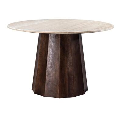Eettafel Ø120cm - Wit Travertin Blad - Bruin Onderstel product