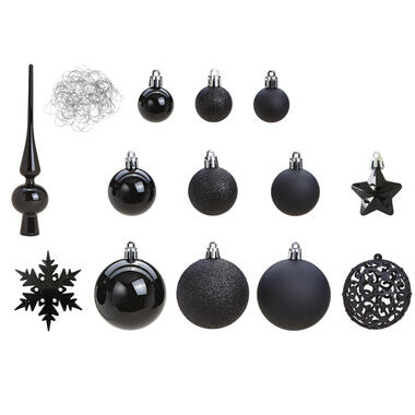 Kerstballen - 110x stuks - met piek - zwart - kunststof - 3-6 cm product