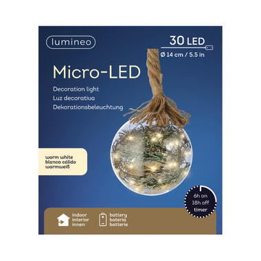 Lumineo Kerstverlichting - kerstbal - glas - aan touw - 30 LED - 14 cm product
