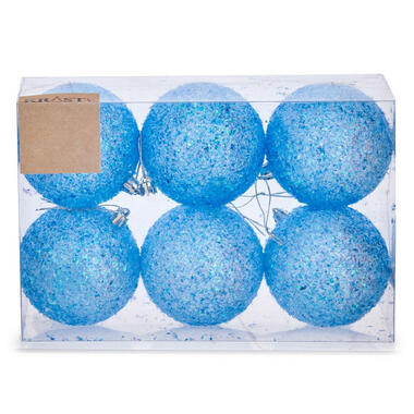 Krist+ kerstballen - 6x st - blauw glitter - kunststof - 8 cm product