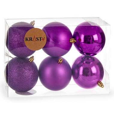 Krist+ kerstballen - 6x st - paars - kunststof - 8 cm product