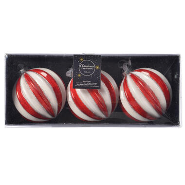 Decoris Luxe kerstballen - 3x - rood/wit gestreept -D8 cm - glas product