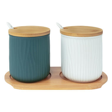 Krumble 2 keramieke potjes met lepels op ronde houten plankje - Groen + wit product