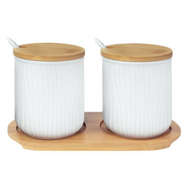 Krumble 2 keramieke potjes met lepels op ronde houten plankje - Wit + wit product