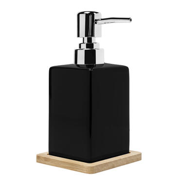 QUVIO Zeep dispenser met houten onderzetter - Zwart product