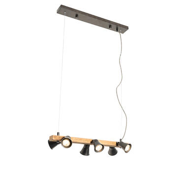 QAZQA Landelijke hanglamp zwart met hout 6-lichts - Jelle product