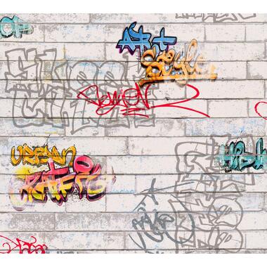 A.S. Création behang - graffiti - grijs, oranje en blauw - 53 cm x 10,05 m - AS product