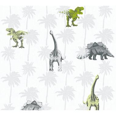 A.S. Création behang - dinosaurussen - groen, grijs en wit - 53 cm x 10,05 m product