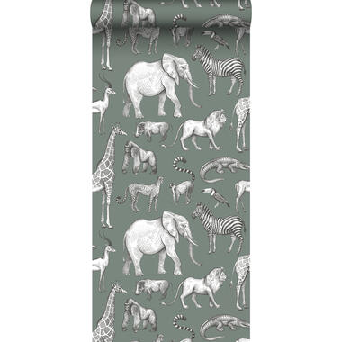 ESTAhome behang - jungle dieren - vergrijsd groen - 53 cm x 10,05 m - 139513 product