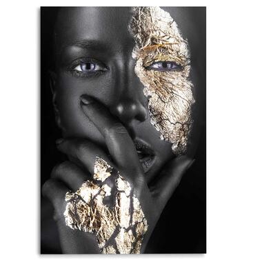 Glasschilderij - Black Gold Face - 116x78 cm Glas product