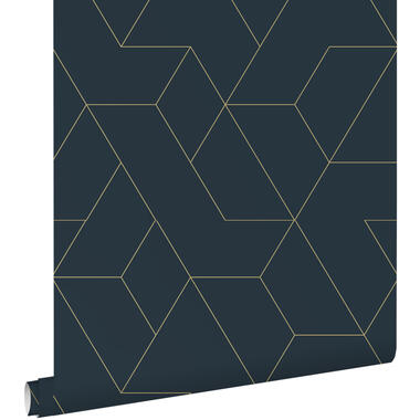 ESTAhome behang - grafische lijnen - donkerblauw en goud - 50 x 900 cm - 139946 product