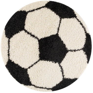 Fun Voetbal Kinderkamer Rond Vloerkleed Hoogpolig Zwart Wit - 120 CM ROND product