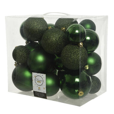 Decoris Kerstballen - 26 st - kunststof - donkergroen - 6-8-10 cm product