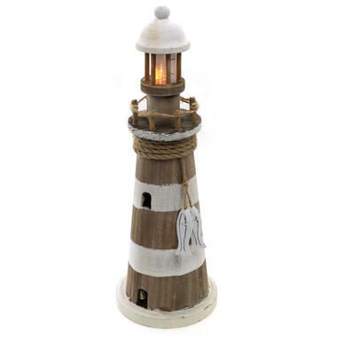 Maritiem decoratie beeld - Vuurtoren - Hout - 12 x 35 cm - wit/bruin product