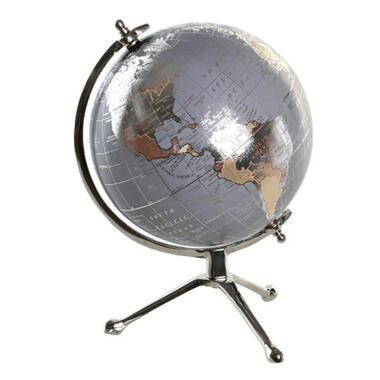 Items Deco Wereldbol/globe op voet - kunststof - blauw/zilver - 20 x 30 cm product