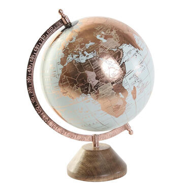 Items Deco Wereldbol/globe op voet - kunststof - blauw/rose goud - 20 x 30 cm product