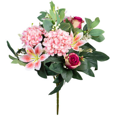 Louis Maes Kunstbloemen boeket roos/hortensia - roze/cerise - H39 cm product