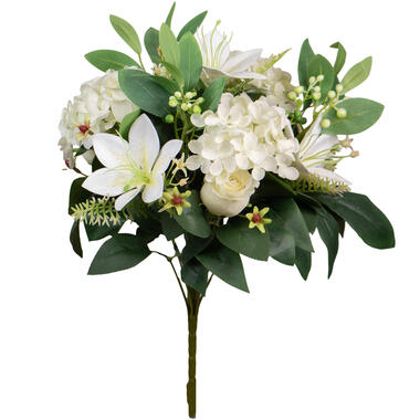 Louis Maes Kunstbloemen boeket roos/hortensia - creme/wit - H39 cm product