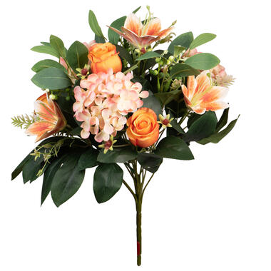 Louis Maes Kunstbloemen boeket roos/hortensia - oranje/zalm - H39 cm product