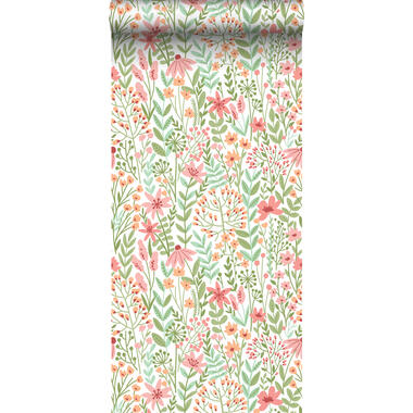 ESTAhome behang - veldbloemen - groen, roze en warm oranje - 0.53 x 10.05 m product