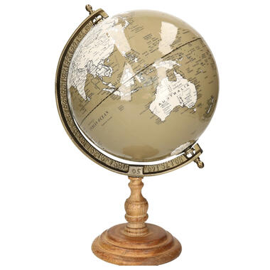 Items Deco Wereldbol/globe op voet - kunststof - taupe - 22 x 33 cm product