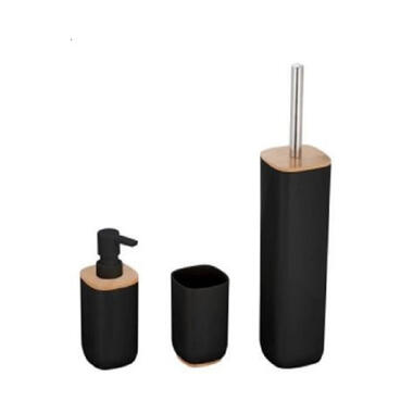 Badkamerset 3-delig - zwart - bamboe/rvs - toiletborstel - zeeppomp product