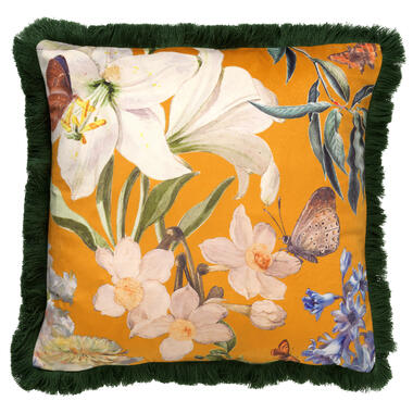 HANNA - Kussenhoes 45x45 cm - bloemen - vlinders - franjes - Golden Glow - geel product