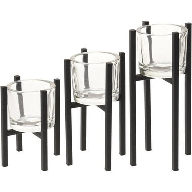 Kaarshouders - 3 stuks - glas - zwart metalen standaard product